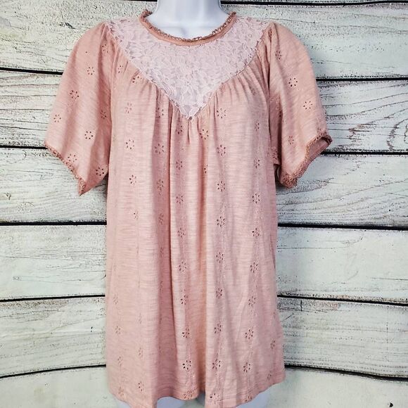 Knox Rose L Blush Pink Lace Eyelet Babydoll Blouse Short Sleeve Boho Top - Picture 1 of 8